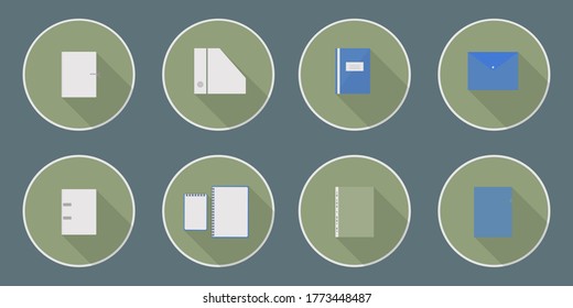 Set of flat icons of blue office folders, files and notebook with shadows in a conservative style in green circles with white stroke on a green background.