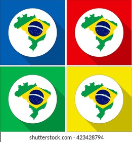 Set of flat icons of Brazil map silhouettes with flag