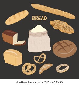 A set of flat icons for bread. Simple whole grain and wheat bread, pretzel, croissant, French baguette. Organic pastries, store-bought food, design menu of bakery products. Vintage vector illustration