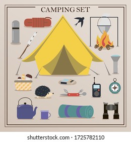 A set of flat icons for camping. Equipment for Hiking, mountaineering and camping-a set of icons and infographics. Tree house, tent, camping utensils, backpack and scout tools.