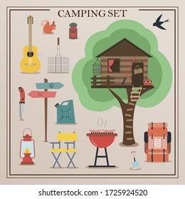 A set of flat icons for camping. Equipment for Hiking, mountaineering and camping-a set of icons and infographics. Tree house, tent, camping utensils, backpack and scout tools.