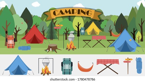 A set of flat icons for camping. Equipment for Hiking, mountaineering and camping-a set of icons and infographics. Tree house, tent, camping utensils, backpack and scout tools.