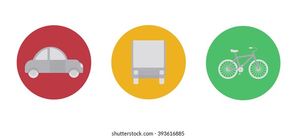Set of flat icons with car, bus and bycicle