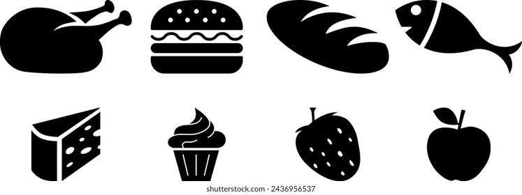 Set of flat icons of a cheese, cupcake, apple, strawberry, chicken, hamburger, bread and fish