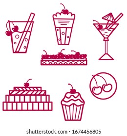 Set of flat icons with cherry. Cake, cherry, beverage, coctail, umbrella, milkshake