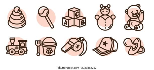 Set of flat icons of children's toys. Pyramid, rattle, cubes, tumbler, bear, train, scoop with bucket, whistle, cap, pacifier.