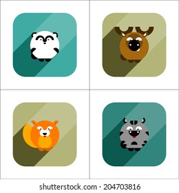 Set of Flat Icons from circle with long shadow. Wild Animals. Vector