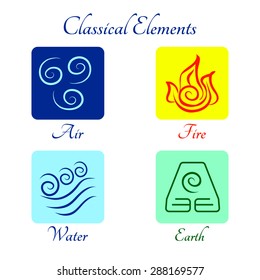 Set of flat  icons classical elements Fire, Water, Earth, Air. Vector illustration.