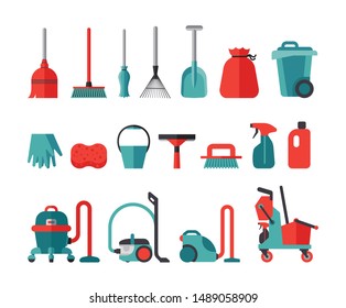 Set of flat icons for cleaning service tools. Collection of icons presenting equipment for cleaning homes and offices. Housework professional assistance.