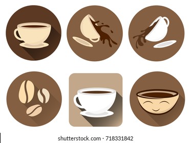 Set of flat icons with coffee cups. Coffee beans. Funny cartoon cup. Isolated.