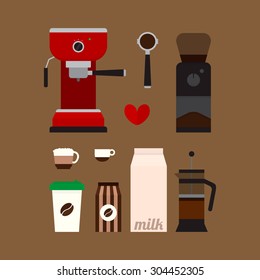 Set of flat icons with coffee espresso machine, grinder, french press, cups and other objects