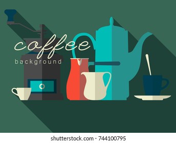 A set of flat icons. Coffee pot, grinder, cup, cezve, pitcher. Vector illustration.
