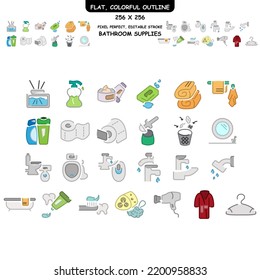 set of flat icons with colorful contours of bathroom supplies, personal hygiene. outline in different colors, outline in color icons. in the set: hanger, toothpaste, toilet paper, hair dryer and other