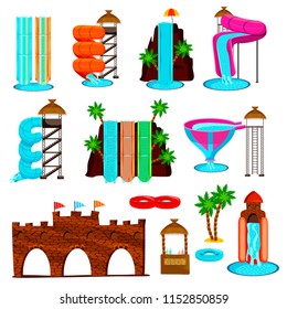 Set of flat icons with colorful water slides and entertaining construction of aqua park isolated vector illustration 