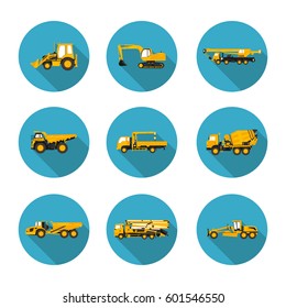 set of flat icons for construction equipment in vector format