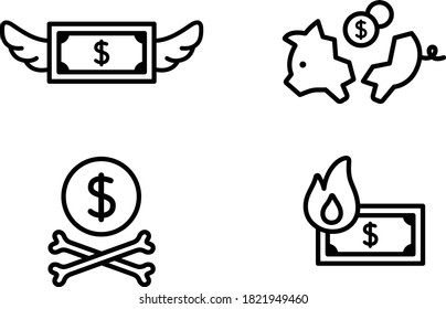 Set of flat icons for consumption, waste and debt