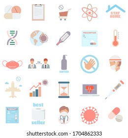 A set of flat Icons of coronavirus lines. Medical mask, hand washing hygiene products, thermometers,  growth chart. Stay home, hand sanitizer, coronavirus badges. covid-19 pandemic, toilet paper. 