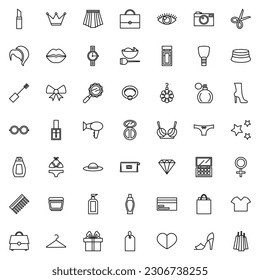 Set of flat icons with cosmetic, clothing, shoes, skin care, accessories. Outline simple vector icons. Modern design with signs of beauty. Business concept. Shopping icon set.