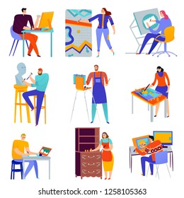 Set of flat icons creative professions graphic designer painter master of sculpture restorer isolated vector illustration