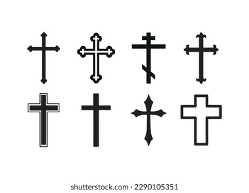 set of flat icons with crosses. Christianity. faith and religion. collection of simple black and white icons.