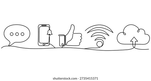Um conjunto de ícones planos dedicados a comunicações digitais, transferência de dados, comunicações pela internet, computação em nuvem, sinais sem fio e tecnologias de rede.