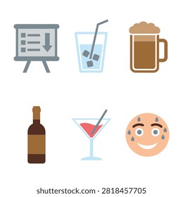 Set of flat icons depicting alcoholic beverages such as beer mug, wine bottle, and cocktails alongside a presentation board and a sweating emoji representing alcohol consumption.