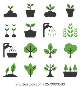 Set of Flat Icons Depicting the Stages of Plant Growth and Care
