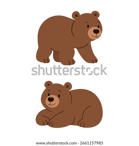 Set of flat icons depicting a wild brown bear, lying down and walking.