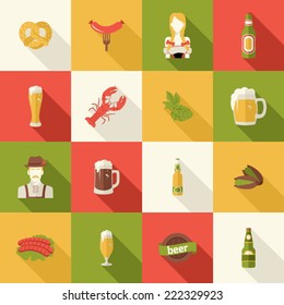 A set of flat icons design beer festival. Beer mug sausages girl hops