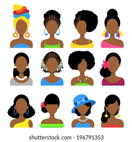 Set of Flat Icons with Different African Women Fashion Styles. Vector characters