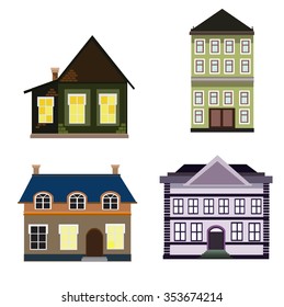 A set of flat  icons  different buildings of the old Europe. Colored vector illustration. Vector 10 eps.