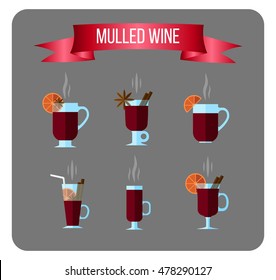 Set flat icons of different types of mulled wine. Stock vector