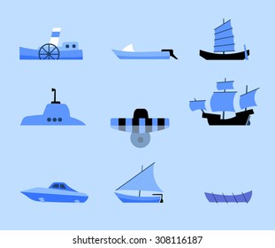 set of flat icons of different vessels 