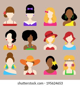 Set of Flat Icons with Different Women Fashion Styles. Vector characters