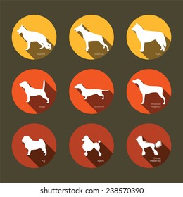 Set of flat icons with dogs silhouettes. Hunting dogs, service dogs, toy dogs. Design elements for web and mobile applications 