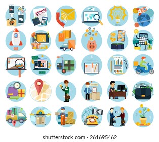 Set of flat icons of earnings, accounts, transport and market analysis, online business, documents, e-mail, idea, start up, delivery of goods, analysis, meeting, performance, investment, marketing