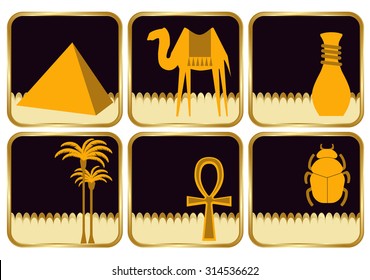 Set of flat icons of Egypt - pyramids, scarab, vase, palm tree, camel, ankh. Vector illustration. Colorful icons for websites, templates, presentations, mobile applications and advertising materials