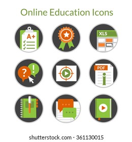 Set of flat icons of e-learning and distance education. Also can use for online training and courses and video tutorials. Icons of exam, award, questionary, forum and notebook.