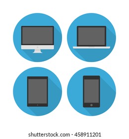 Set of flat icons electronic devices. Set of vector modern icons of computer, laptop, tablet and phone with long shadow.