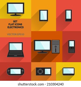 Set of flat icons electronics. Technology and multimedia gadgets with fashionable long shadows. Vector illustration.