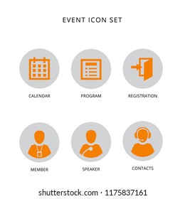 Set of flat icons for event web page, broshure, etc. with signs: calendar, program, registration, member, speaker, contacts. 