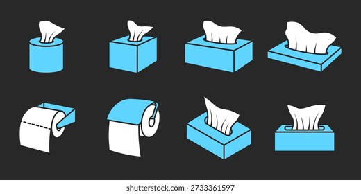 Conjunto de iconos planos de caja de tejido facial y rollo de papel higiénico sobre fondo negro