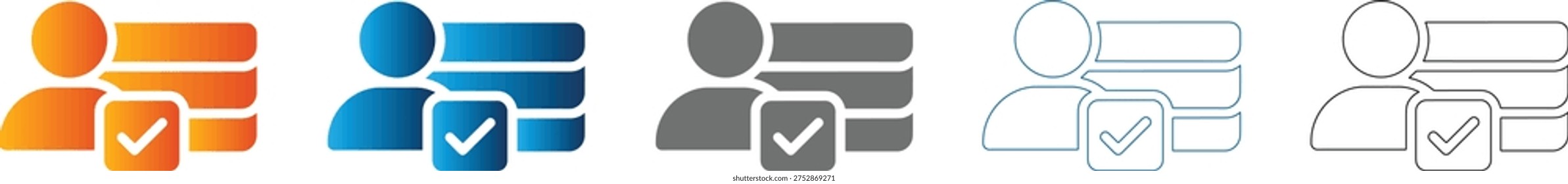A set of flat icons featuring user profiles with verification checkmarks in various colors and styles, solid black outline, vector, isolated on white background.