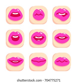 Set of flat icons with female pink lips gestures. Flat design, vector illustration.