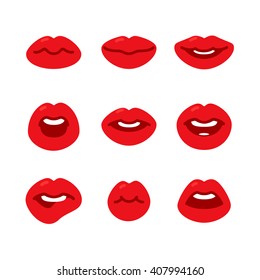 Set of flat icons with female red lips gestures. Beautiful lips on a white background. Flat design, vector illustration.