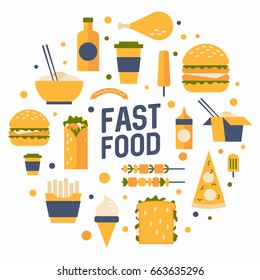 Set of flat Icons to the food theme: chinese food, burger, sandwich, hot dog, pizza, kebab,  ice cream, soda glass. Vector illustration.