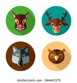 Set flat icons of forest animals like the wild boar, deer, wolf,