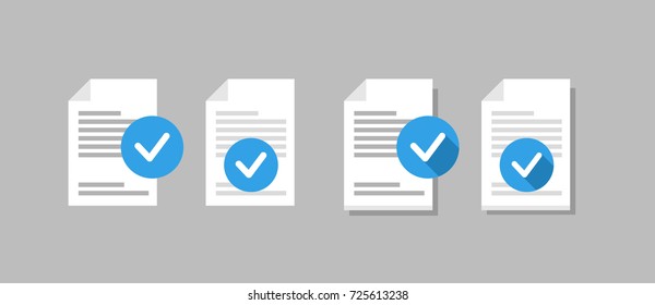 Set of flat icons of form, page, blank, summary with blue approved symbols. Vector isolated illustration. 
