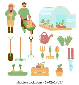 Set of flat icons of garden tools Gardener, plants and greenhouse Vector flat isolated illustration