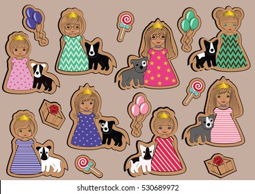 Set of flat icons girls princesses in colorful dresses with dogs and kraft paper background. Vector illustration.